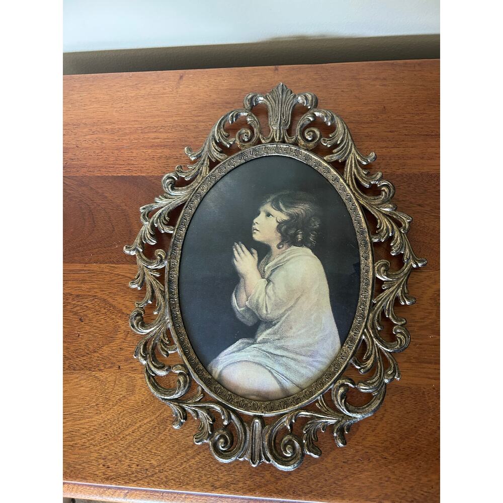 Vintage Convex Bubble Glass Oval Frame of Praying Child, Gold Tone